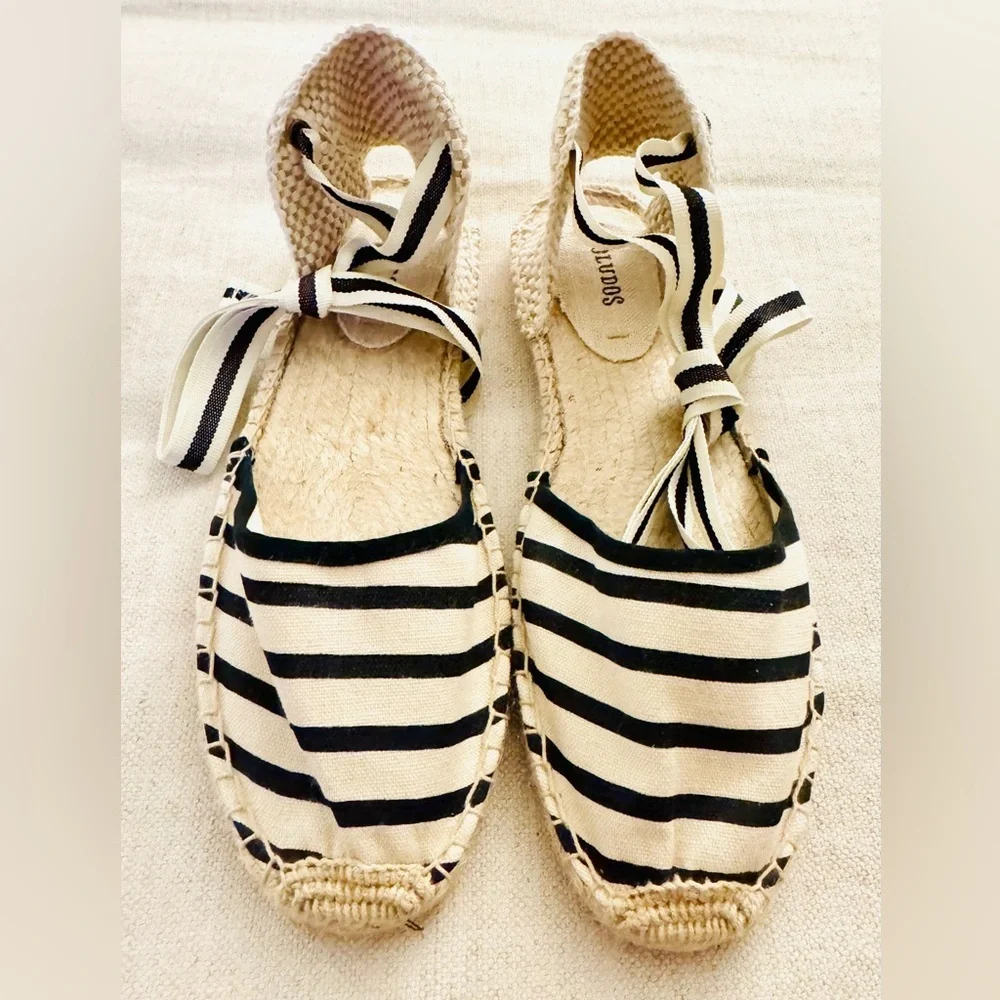 Anthropologie x Soludos D'Orsay Espadrilles in Black/Natural Stripe NWOT